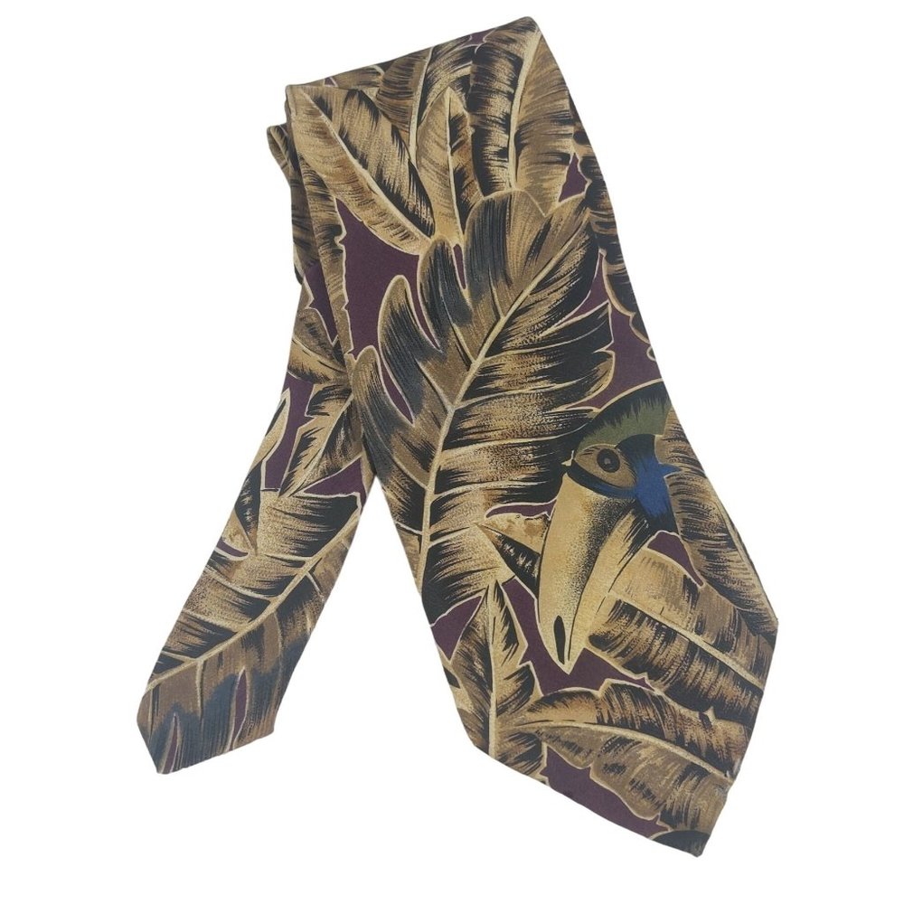 Vintage Mens Ted Lapidus silk necktie tie toucan bird tropical leaf Italy made